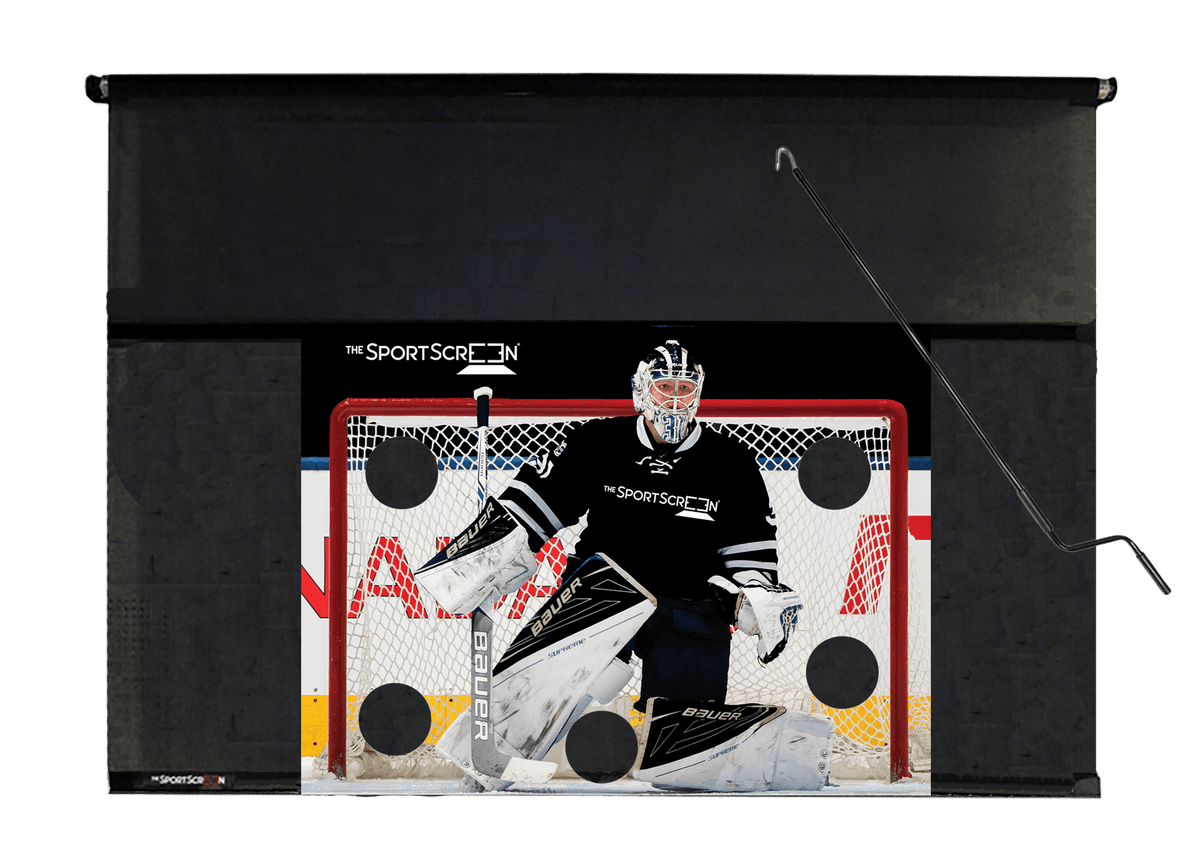 10ft Hand Crank Hockey SportScreen, retractable hockey shooting tarp with black target