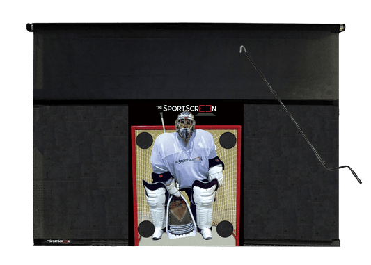 The 10ft Hand Crank Lacrosse SportScreen a retractable screen designed for lacrosse, featuring a hand crank for easy operation and durable construction.