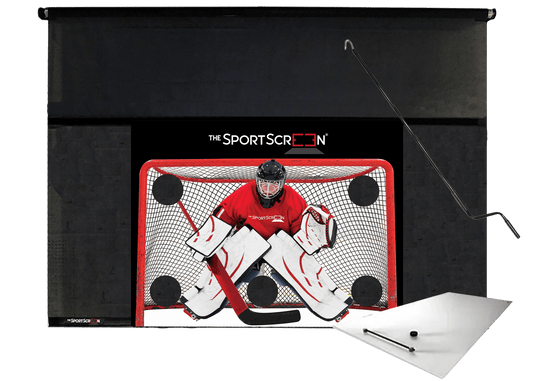 The 10ft Hand Crank Shooting Pad Bundle a shooting pad paired with a hand crank roll-up system, designed for off-ice training and easy setup.