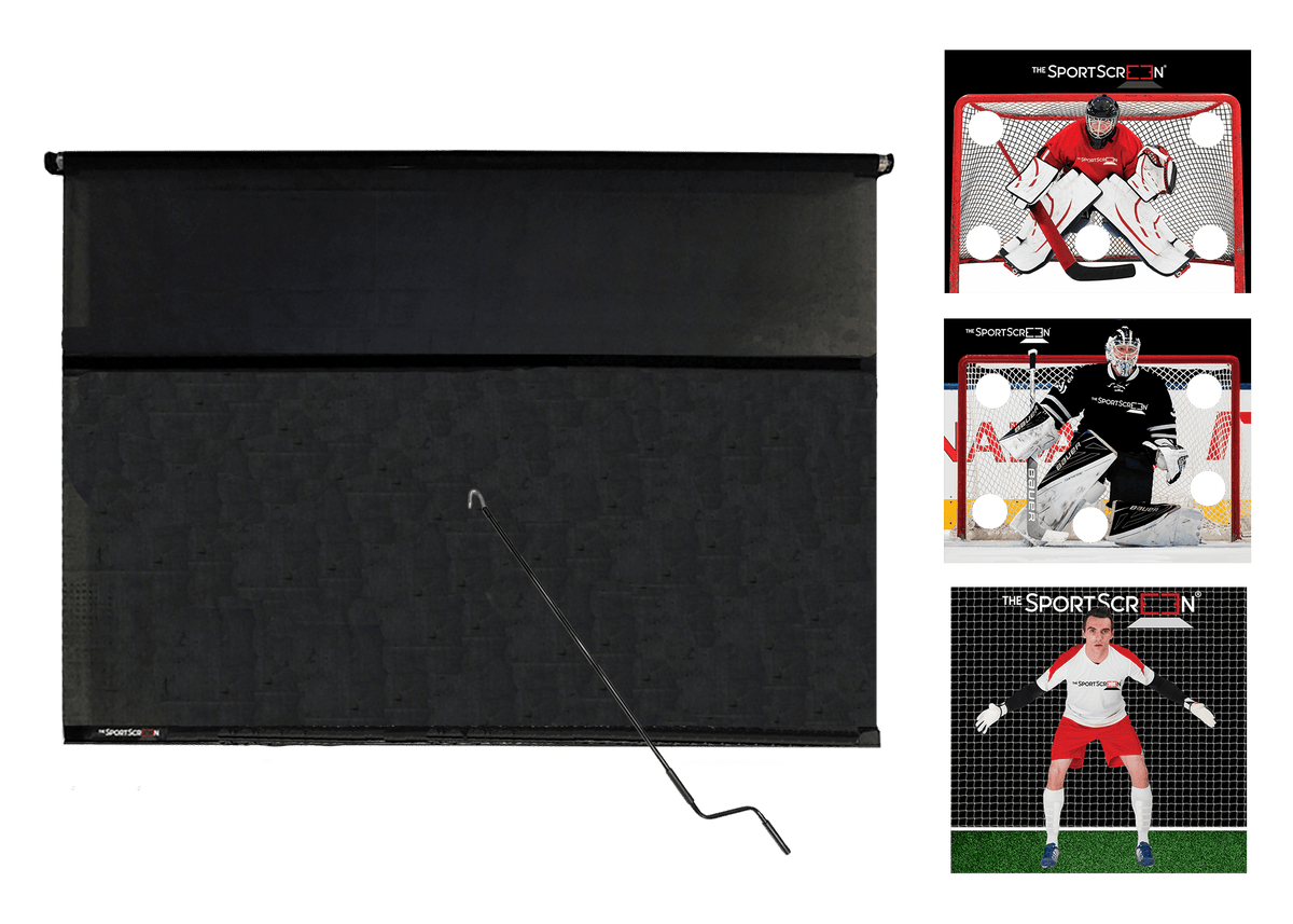 10ft Hand Crank Multi-Sport SportScreen Bundle with red hockey, black hockey and soccer velcro targets