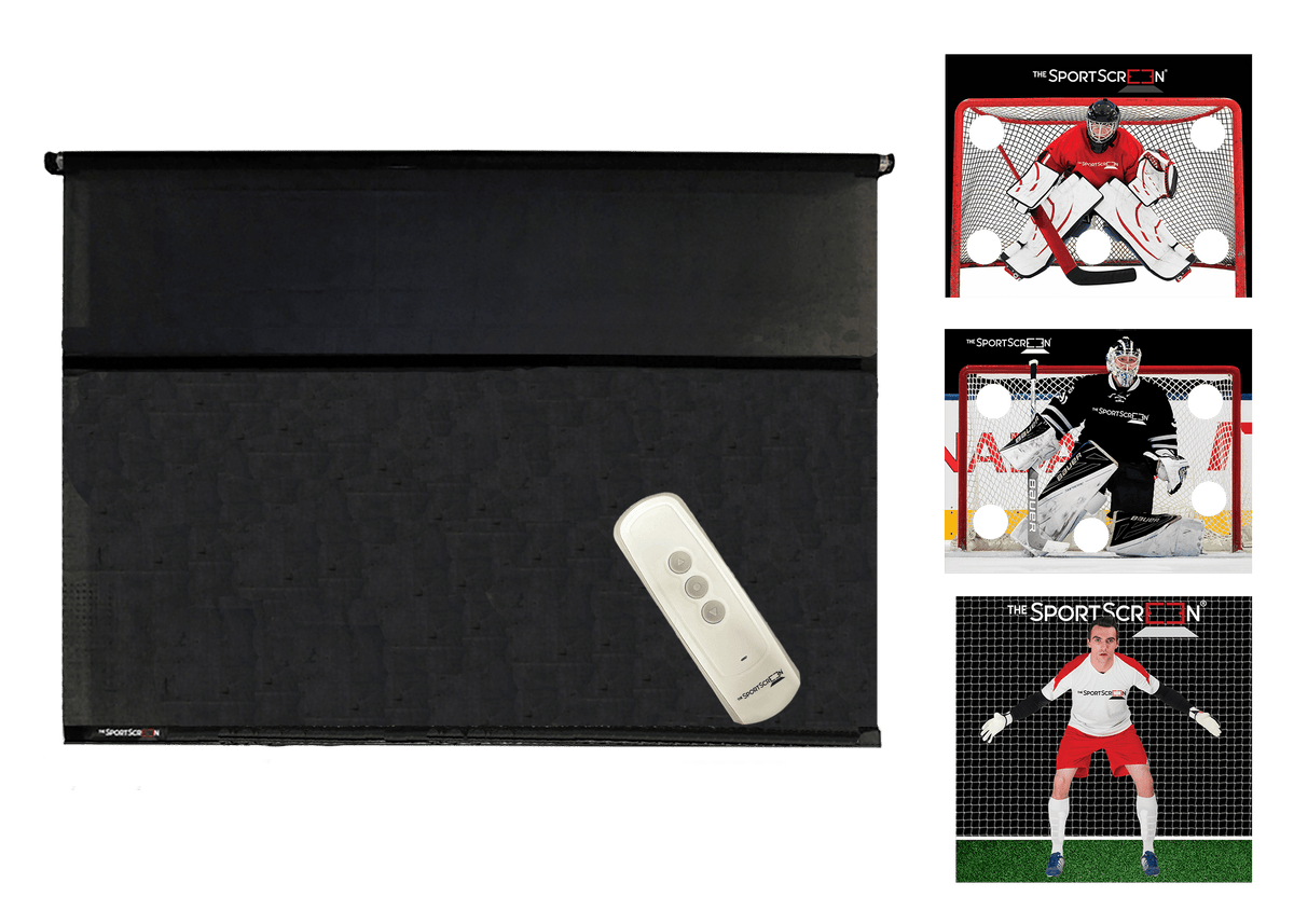 10ft Remote Control Multi-Sport SportScreen Bundle with red hockey, black hockey and soccer velcro targets