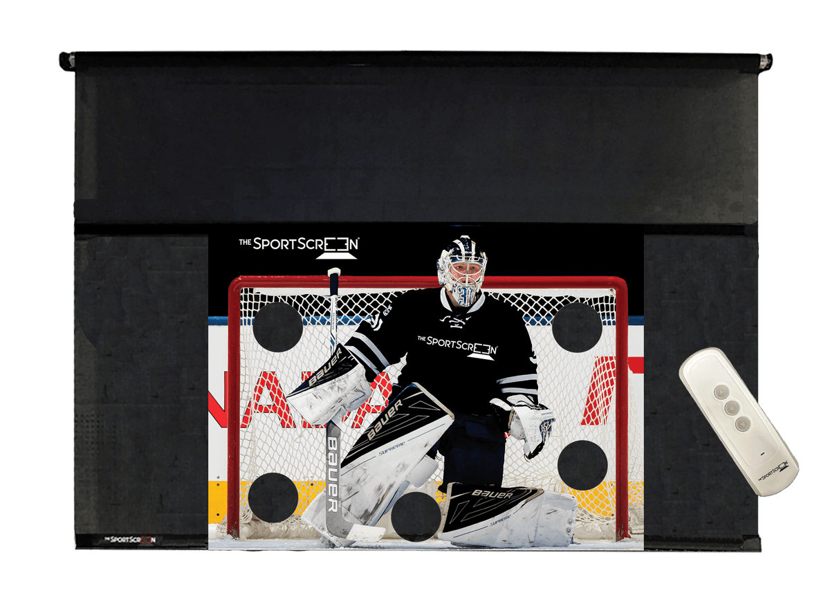 10ft Remote Control Hockey SportScreen, retractable hockey shooting tarp with black target