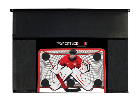 10ft Hockey SportScreen hockey shooting tarp with red target, shown without retraction mechanism