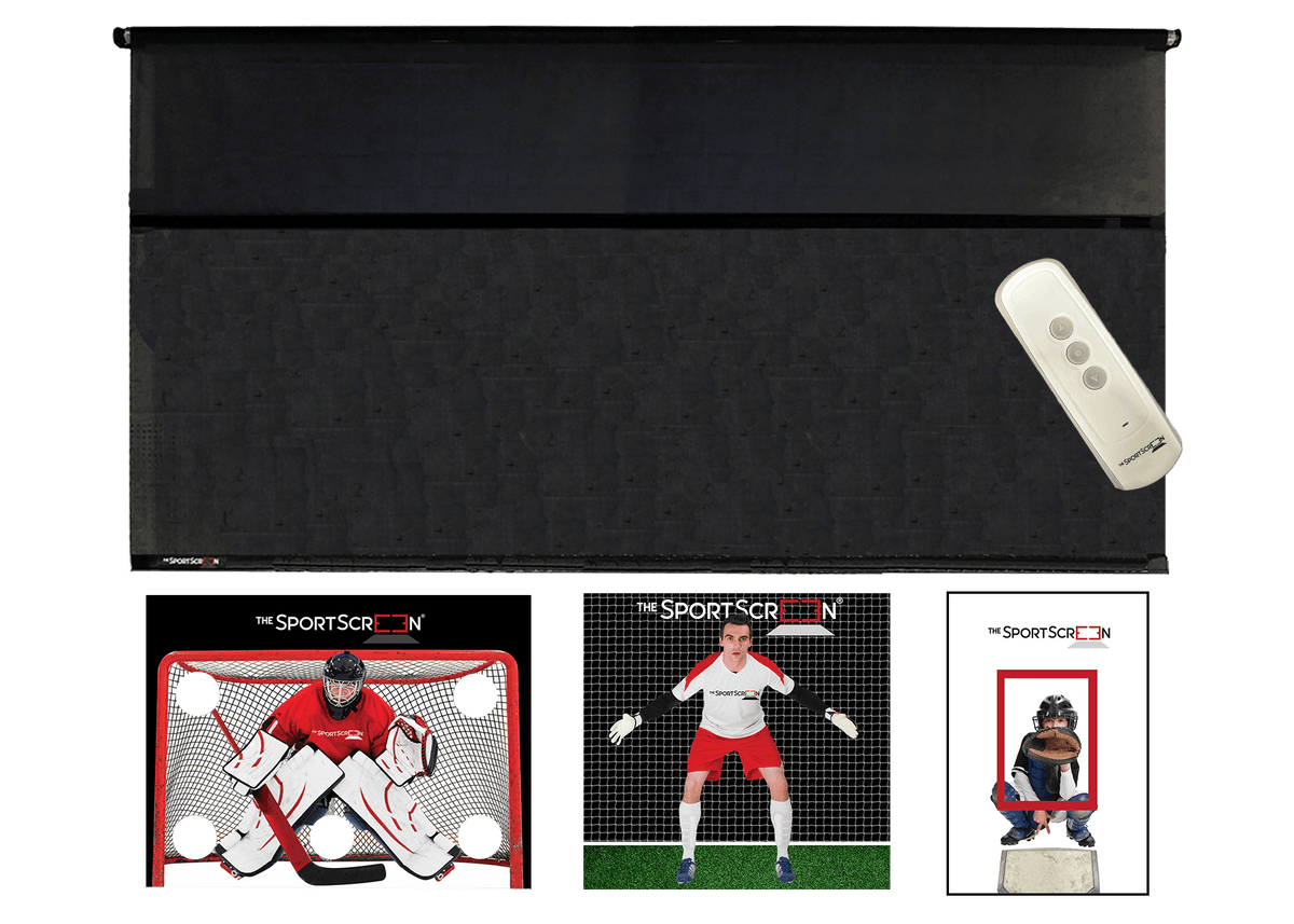 16ft Remote Control Multi-Sport SportScreen Bundle with red hockey, baseball and soccer velcro targets