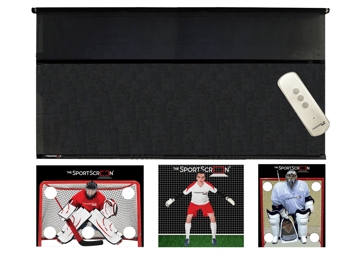 16ft Remote Control Multi-Sport SportScreen Bundle with red hockey, lacrosse and soccer velcro targets
