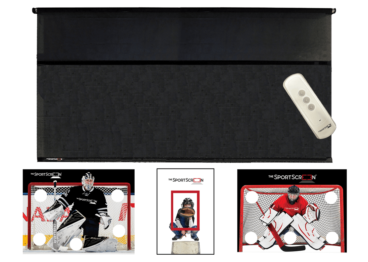 16ft Remote Control Multi-Sport SportScreen Bundle with red hockey, black hockey and baseball velcro targets