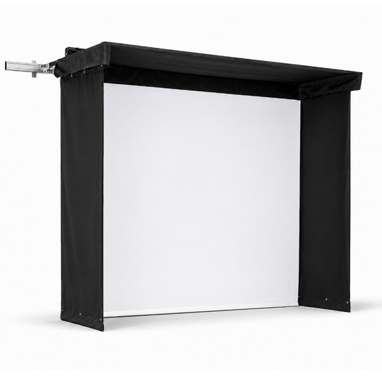 Side view of Vanish Lite 9 retractable golf enclosure with white impact screen