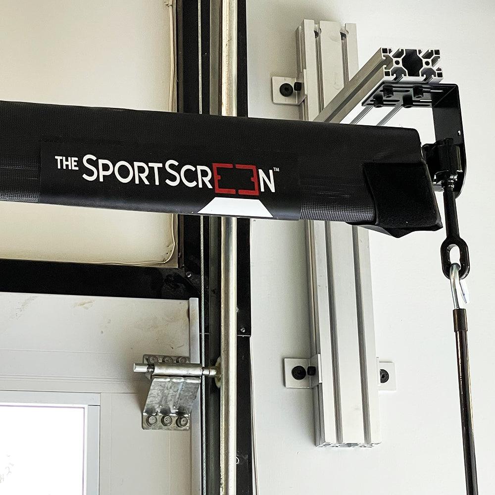 Corner view of a two-piece versatile mounting bracket, designed for flexible and secure installation of the SportScreen mounting around garage rails.