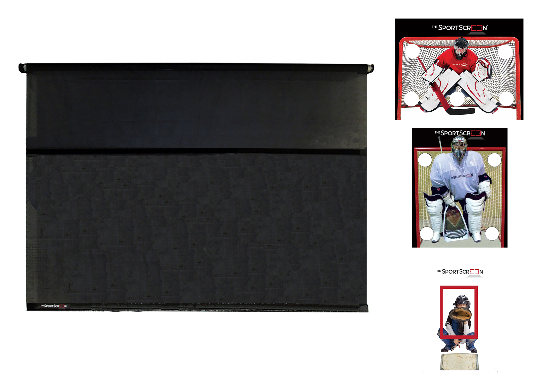 A collection of SportScreen targets for hockey training, featuring a black roll-up screen and images of hockey players demonstrating the use of the screen for shooting and passing practice.