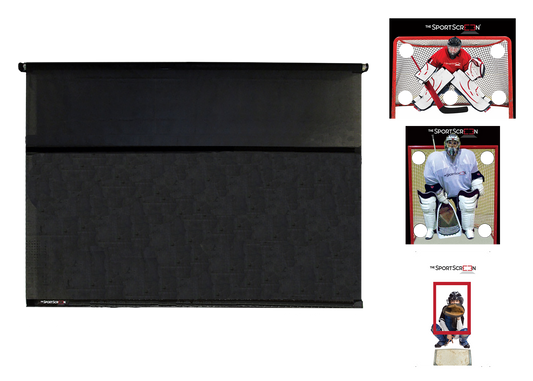 A collection of SportScreen targets for hockey training, featuring a black roll-up screen and images of hockey players demonstrating the use of the screen for shooting and passing practice.