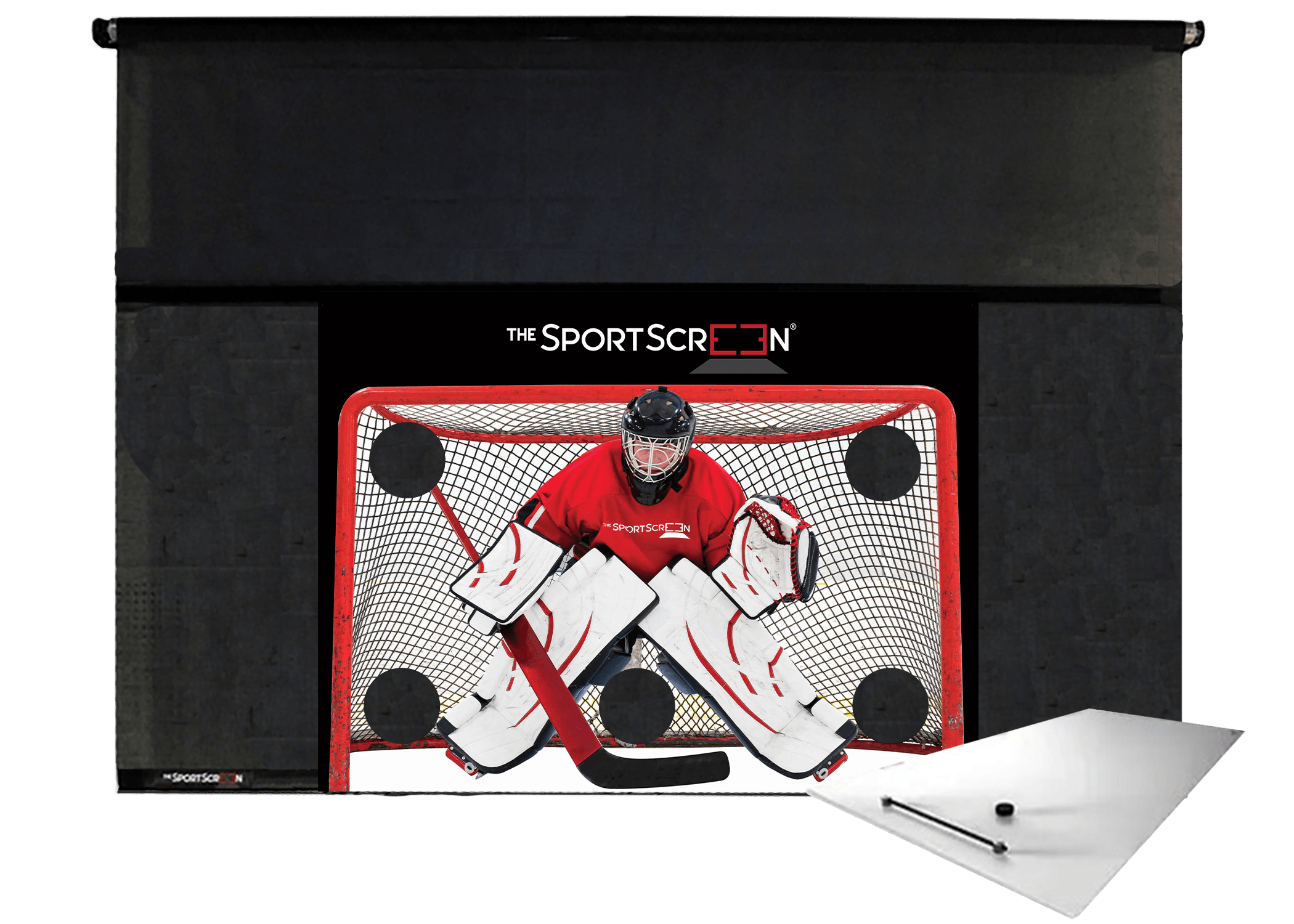 The image shows the SportScreen Shooting Pad Bundle, which includes a hockey goal and a shooting pad, indicating that it is used for off-ice hockey training.