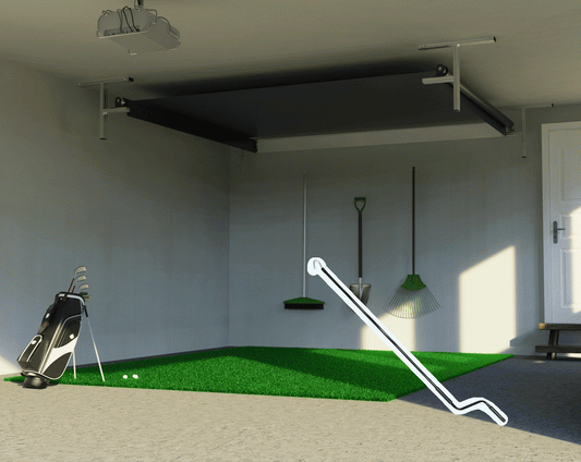 The Vanish Series retractable golf impact screen a high-end, versatile garage golf studio enclosure with a sleek, roll-up design that easily transforms your space from a professional screen golf setup to an open area.