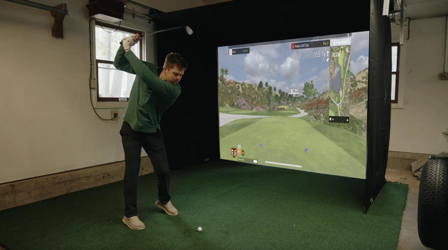 Home golf simulator setup showing a budget to premium build