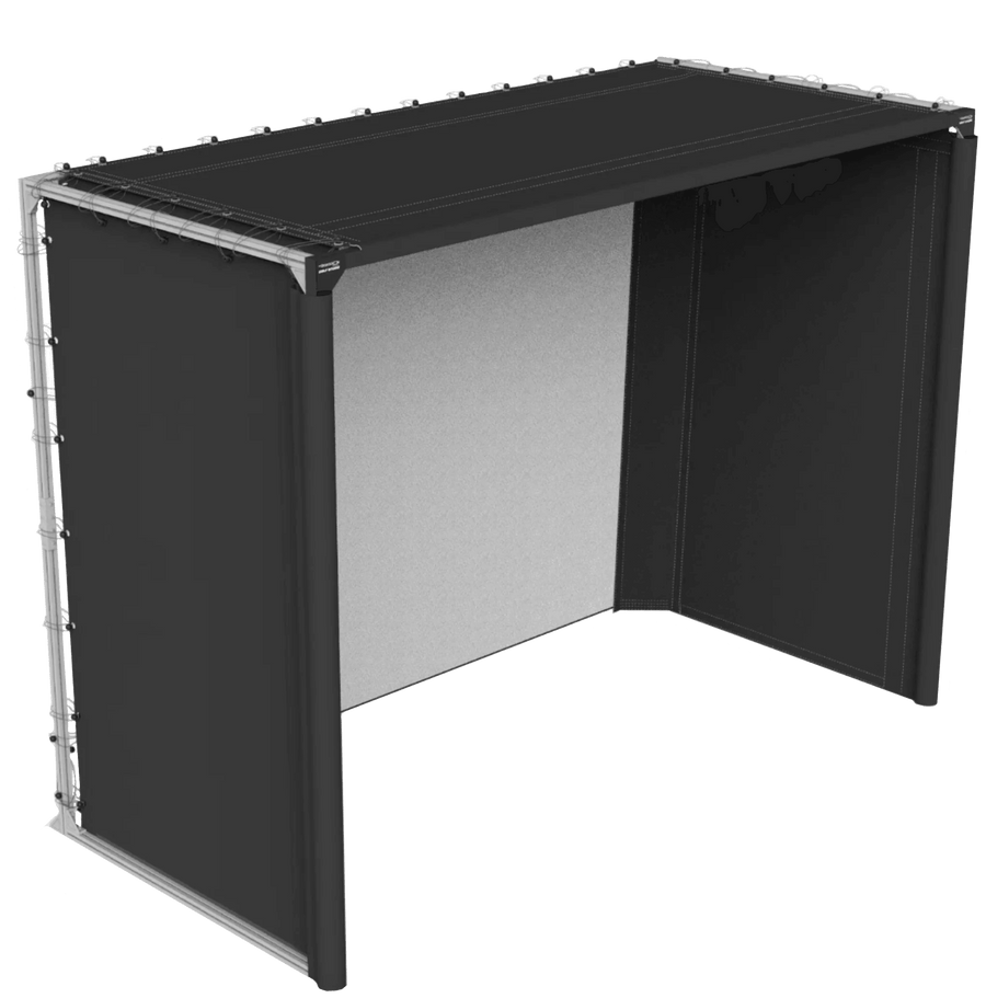 Freestanding and retractable golf studio enclosures side by side