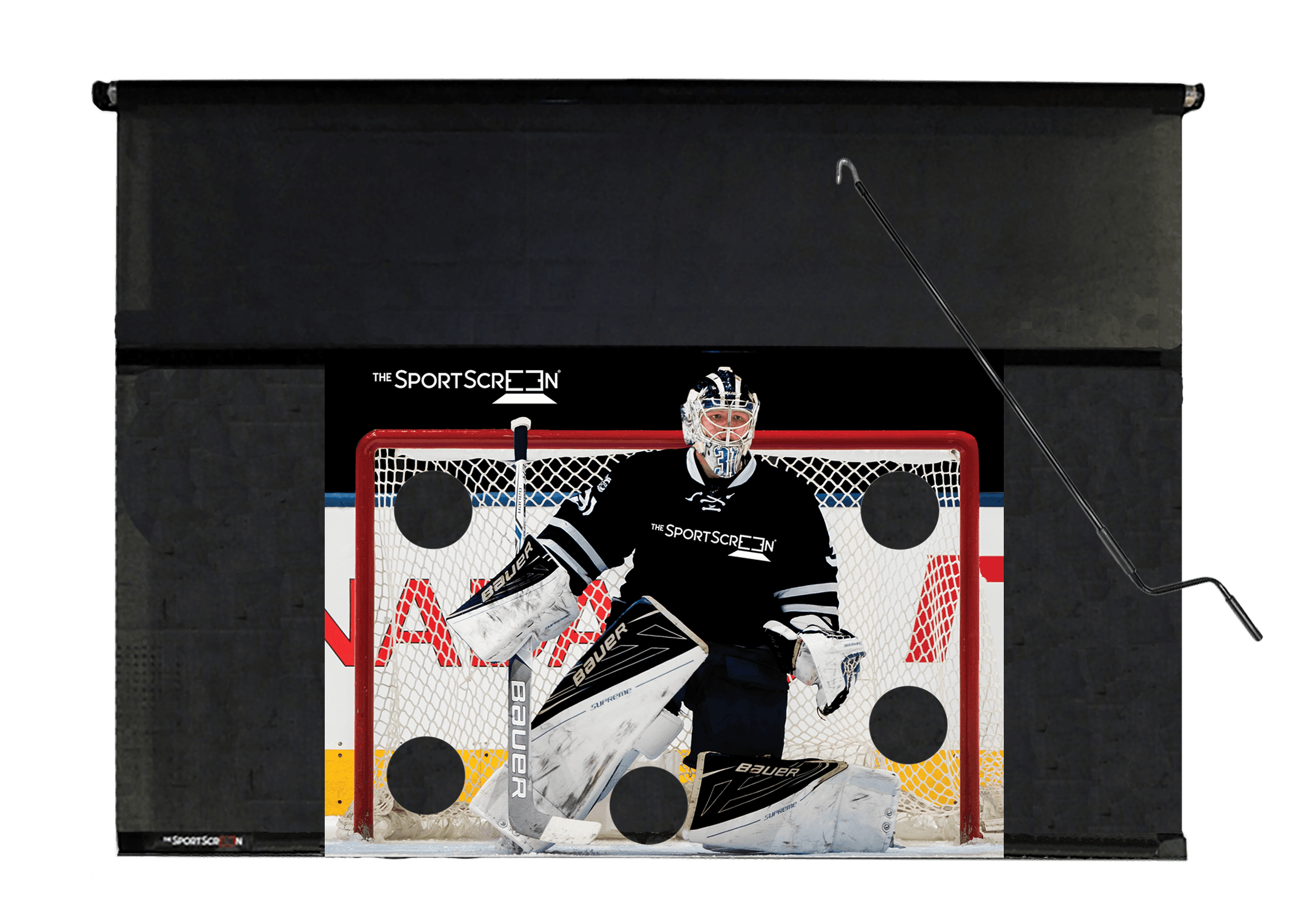 The 10ft Hand Crank Hockey SportScreen – a retractable screen designed for hockey, featuring a hand crank for easy operation and durable construction.