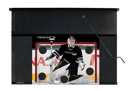 10ft Hand Crank Hockey SportScreen, retractable hockey shooting tarp with black target