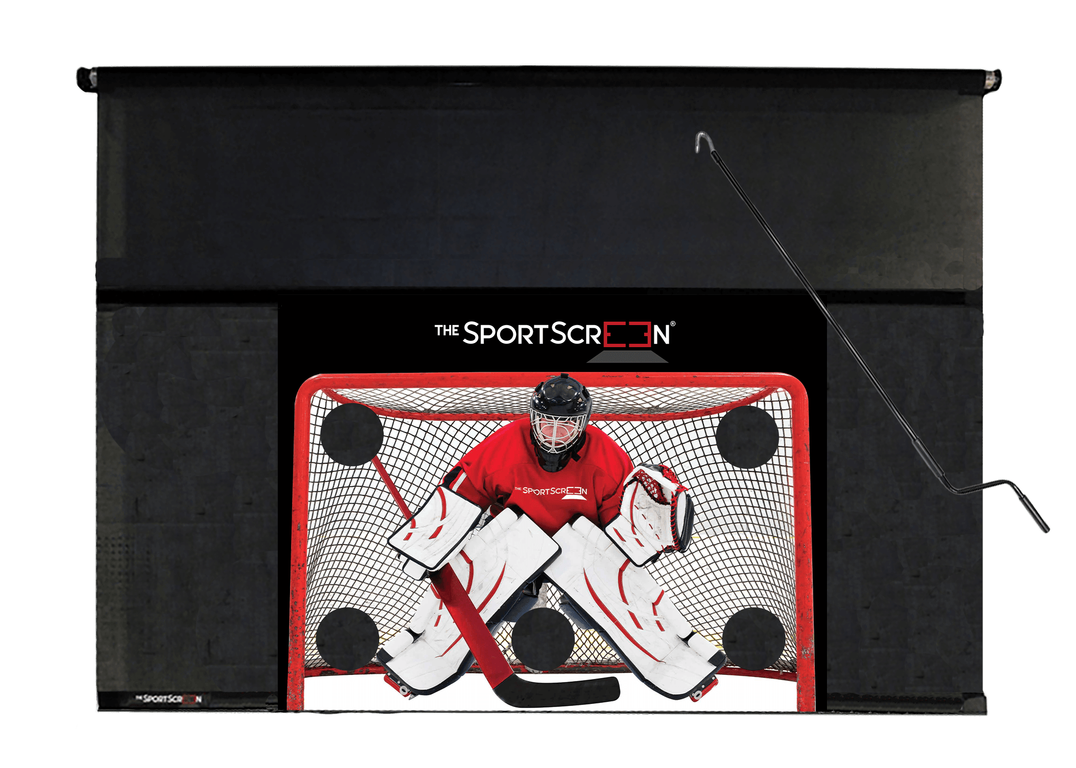 The 10ft Hand Crank Hockey SportScreen – a retractable screen designed for hockey, featuring a hand crank for easy operation and durable construction.