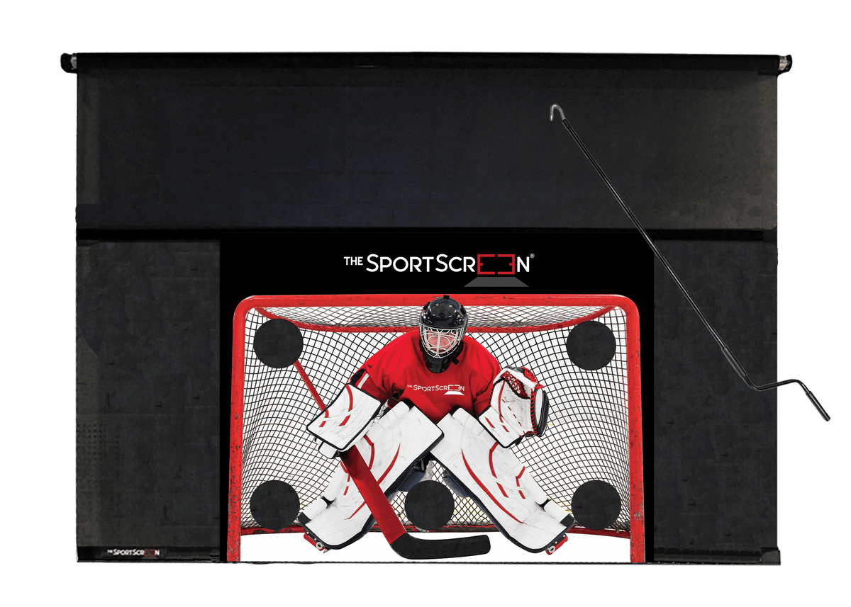 10ft Hand Crank Hockey SportScreen, retractable hockey shooting tarp with red target