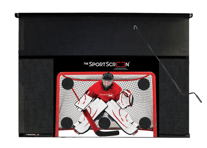10ft Hand Crank Hockey SportScreen, retractable hockey shooting tarp with red target