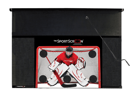 The 10ft Hand Crank Hockey SportScreen a retractable screen designed for hockey, featuring a hand crank for easy operation and durable construction.