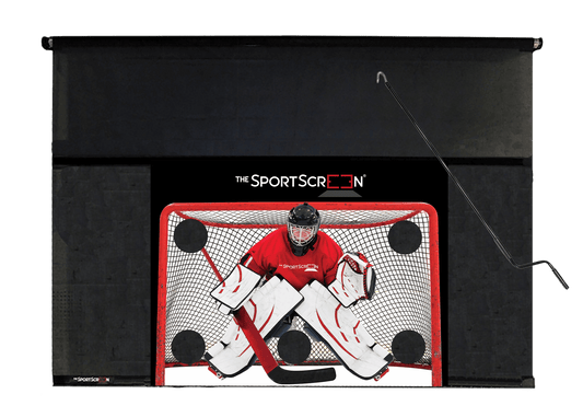 The 10ft Hand Crank Hockey SportScreen a retractable screen designed for hockey, featuring a hand crank for easy operation and durable construction.
