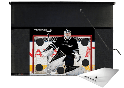 10ft Hand Crank SportScreen Shooting Pad Bundle: hockey shooting tarp with black target and shooting pad