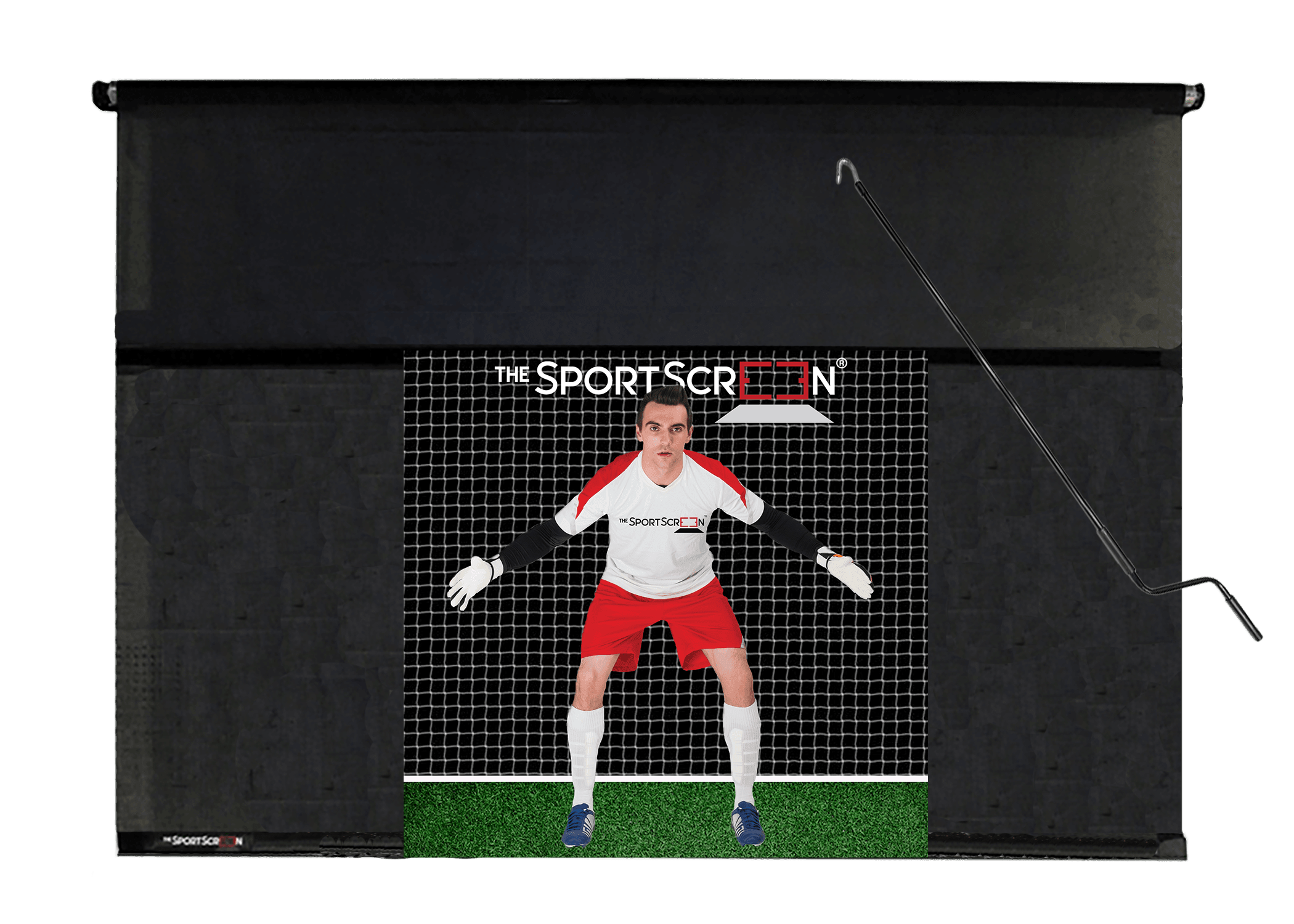 The 10ft Hand Crank Soccer SportScreen – a retractable screen designed for soccer, featuring a hand crank for easy operation and durable construction.