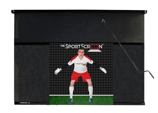 The 10ft Hand Crank Soccer SportScreen a retractable screen designed for soccer, featuring a hand crank for easy operation and durable construction.