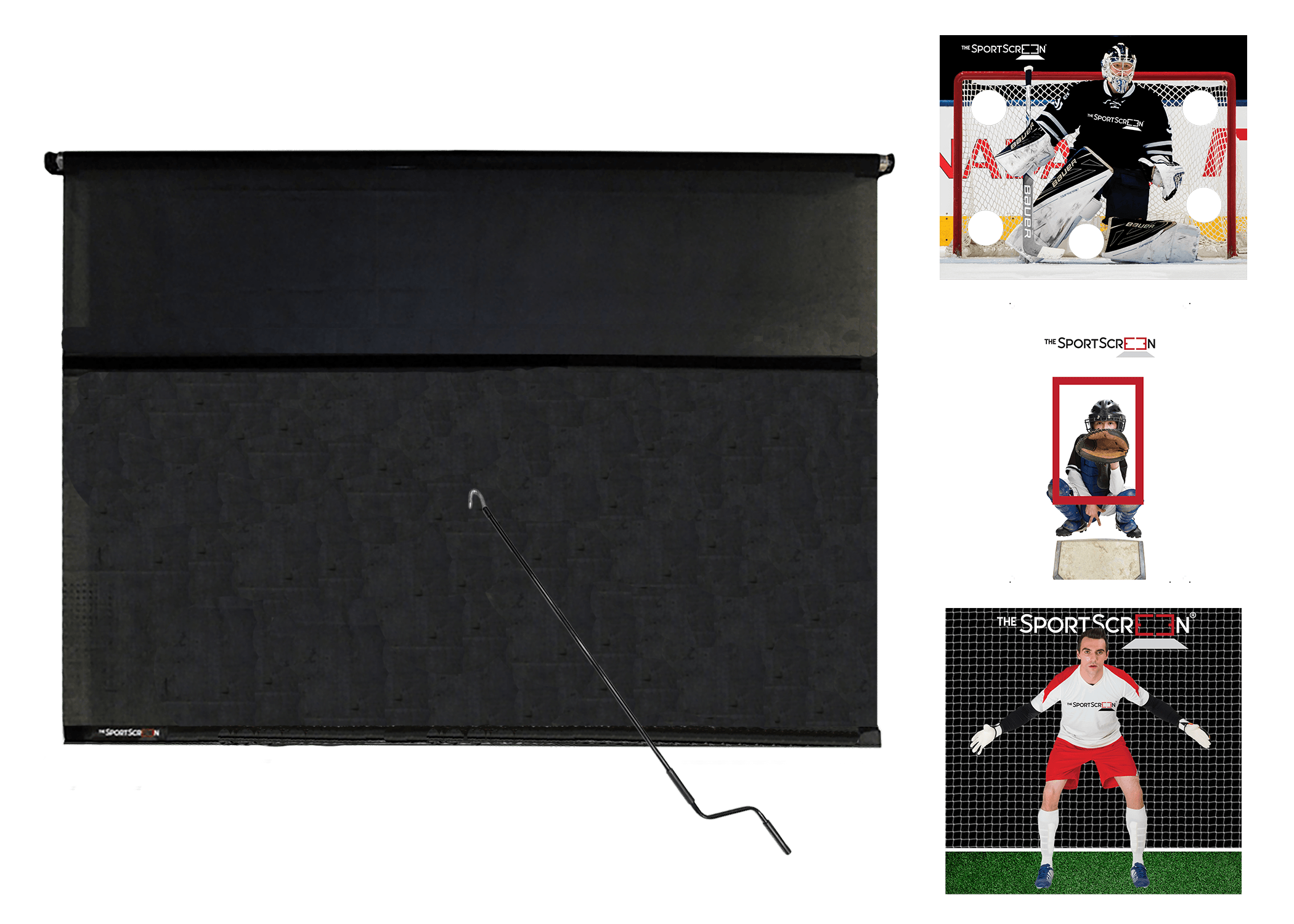 10ft MultiSport Hand Crank Bundle with Black Hockey, Baseball and Soccer targets – a versatile roll-up system for easy target switching via velcro across multiple sports.