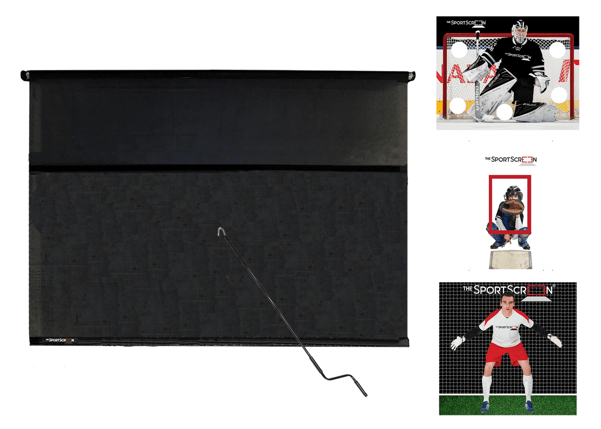 10ft Hand Crank Multi-Sport SportScreen Bundle with black hockey, baseball and soccer velcro targets
