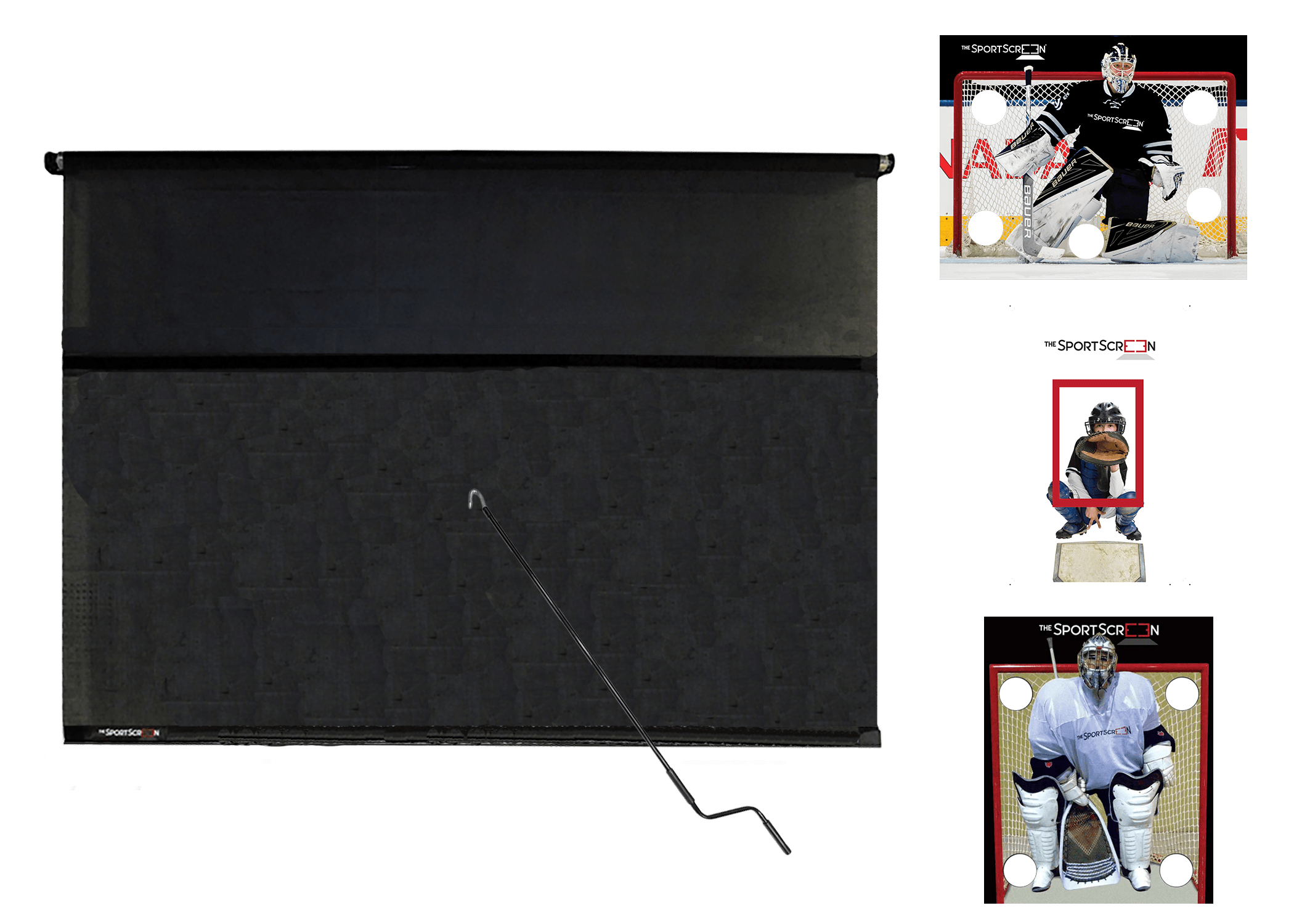 10ft MultiSport Hand Crank Bundle with Black Hockey, Baseball and Lacrosse targets – a versatile roll-up system for easy target switching via velcro across multiple sports.