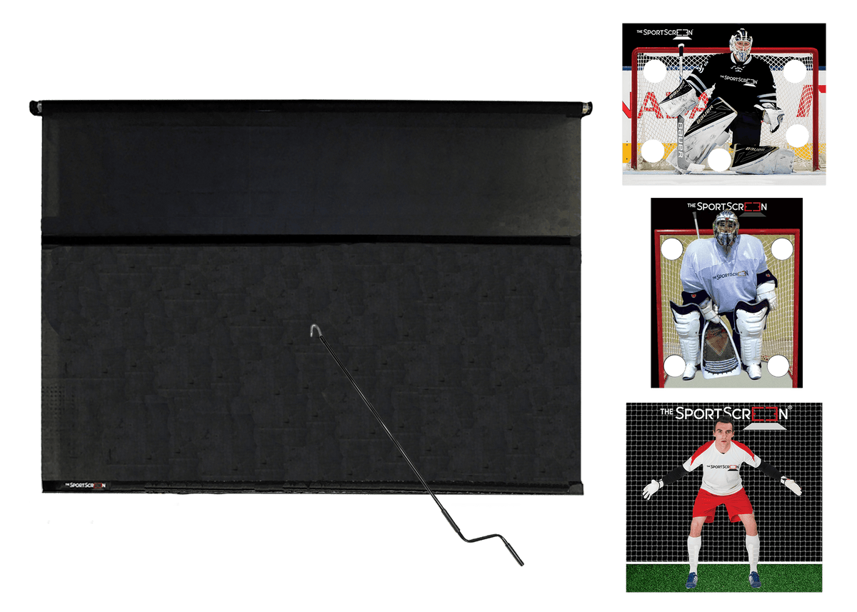 10ft Hand Crank Multi-Sport SportScreen Bundle with black hockey, lacrosse and soccer velcro targets