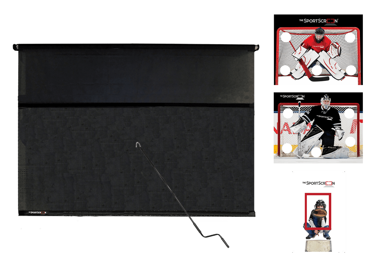 10ft Hand Crank Multi-Sport SportScreen Bundle with red hockey, black hockey and baseball velcro targets