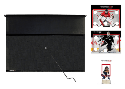 10ft Hand Crank Multi-Sport SportScreen Bundle with red hockey, black hockey and baseball velcro targets