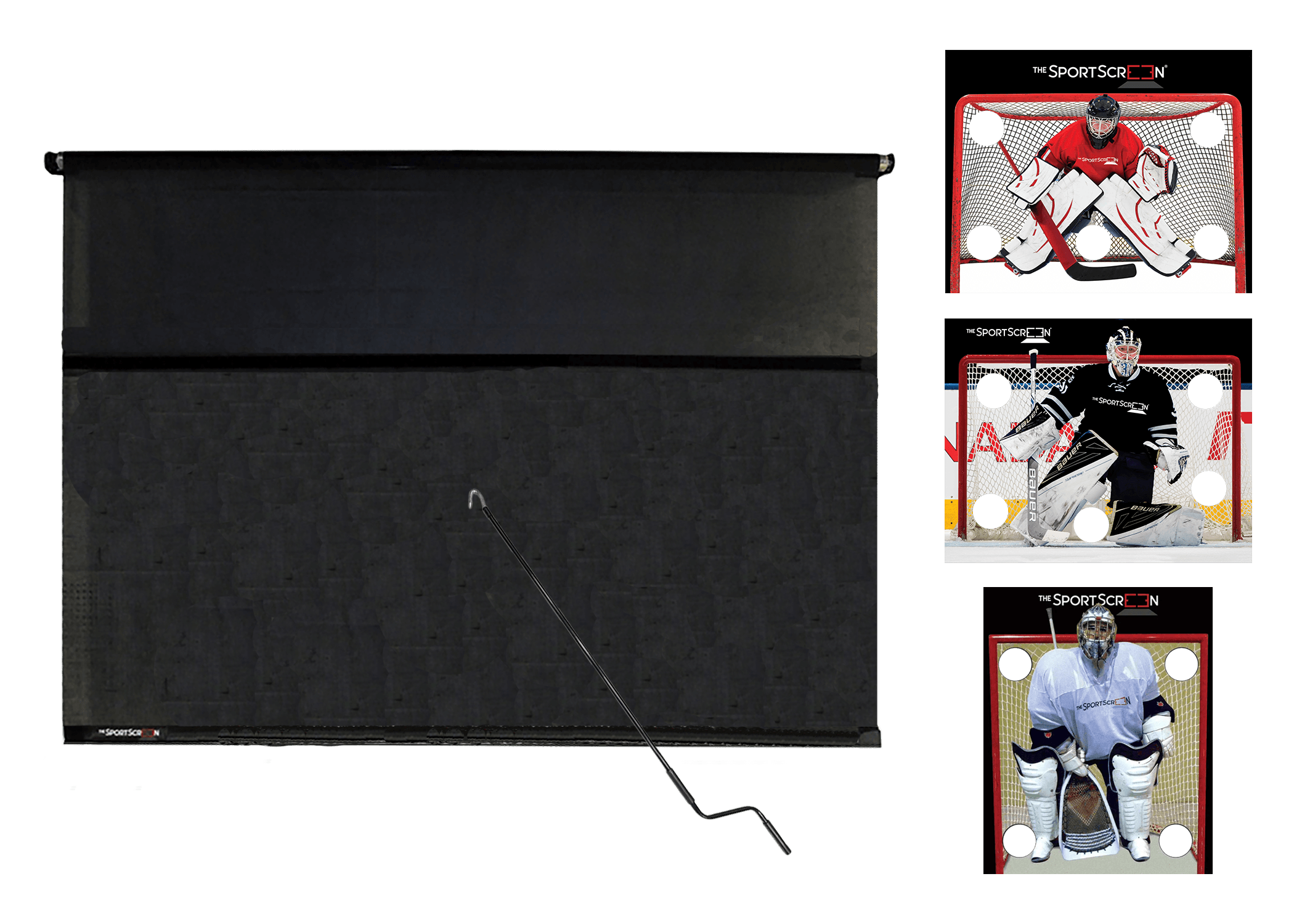 10ft MultiSport Hand Crank Bundle with Red Hockey, Black Hockey, and Lacrosse targets – a versatile roll-up system for easy target switching via velcro across multiple sports.