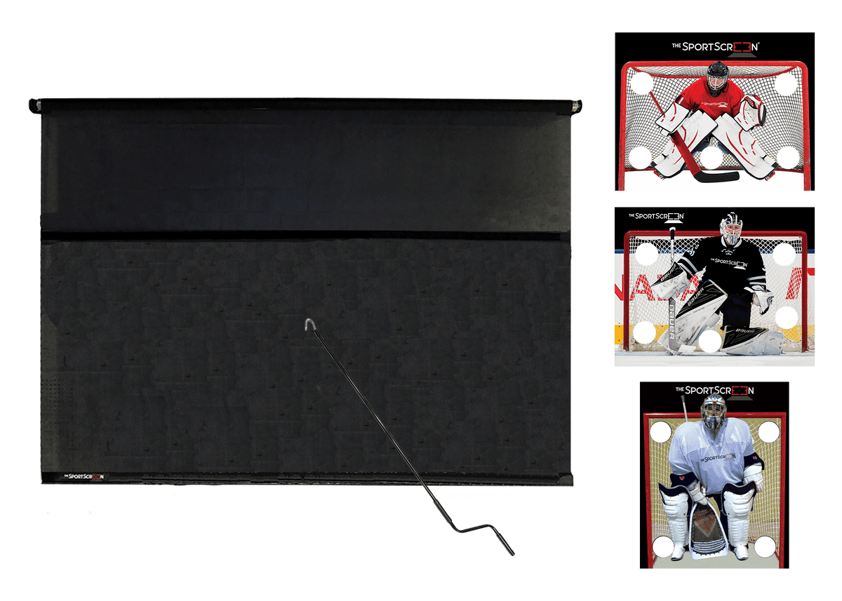 10ft Hand Crank Multi-Sport SportScreen Bundle with red hockey, black hockey and lacrosse velcro targets