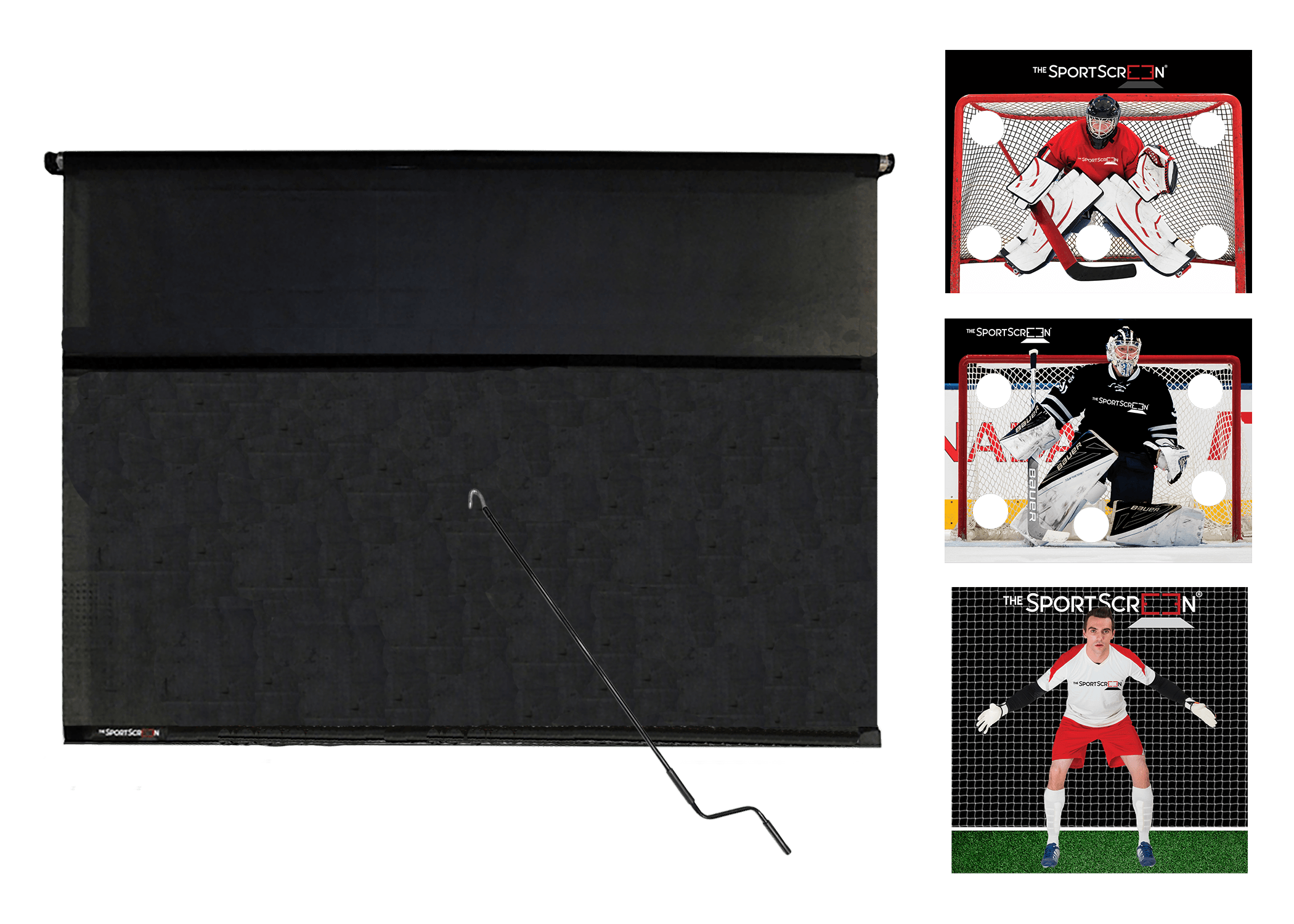 10ft MultiSport Hand Crank Bundle with Red Hockey, Black Hockey, and Soccer targets – a versatile roll-up system for easy target switching via velcro across multiple sports.