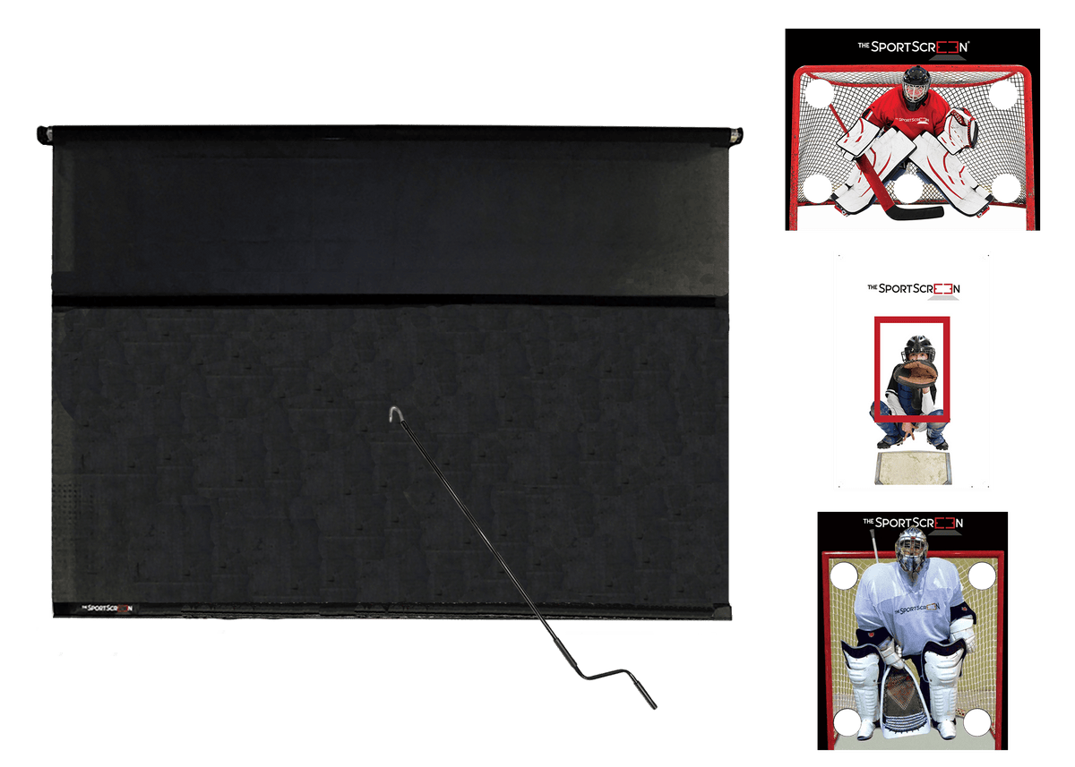 10ft Hand Crank Multi-Sport SportScreen Bundle with red hockey, baseball and lacrosse velcro targets