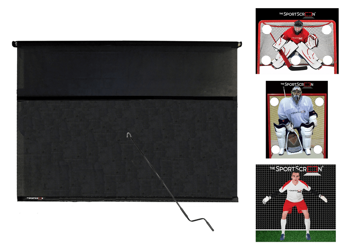 10ft Hand Crank Multi-Sport SportScreen Bundle with red hockey, lacrosse and soccer velcro targets