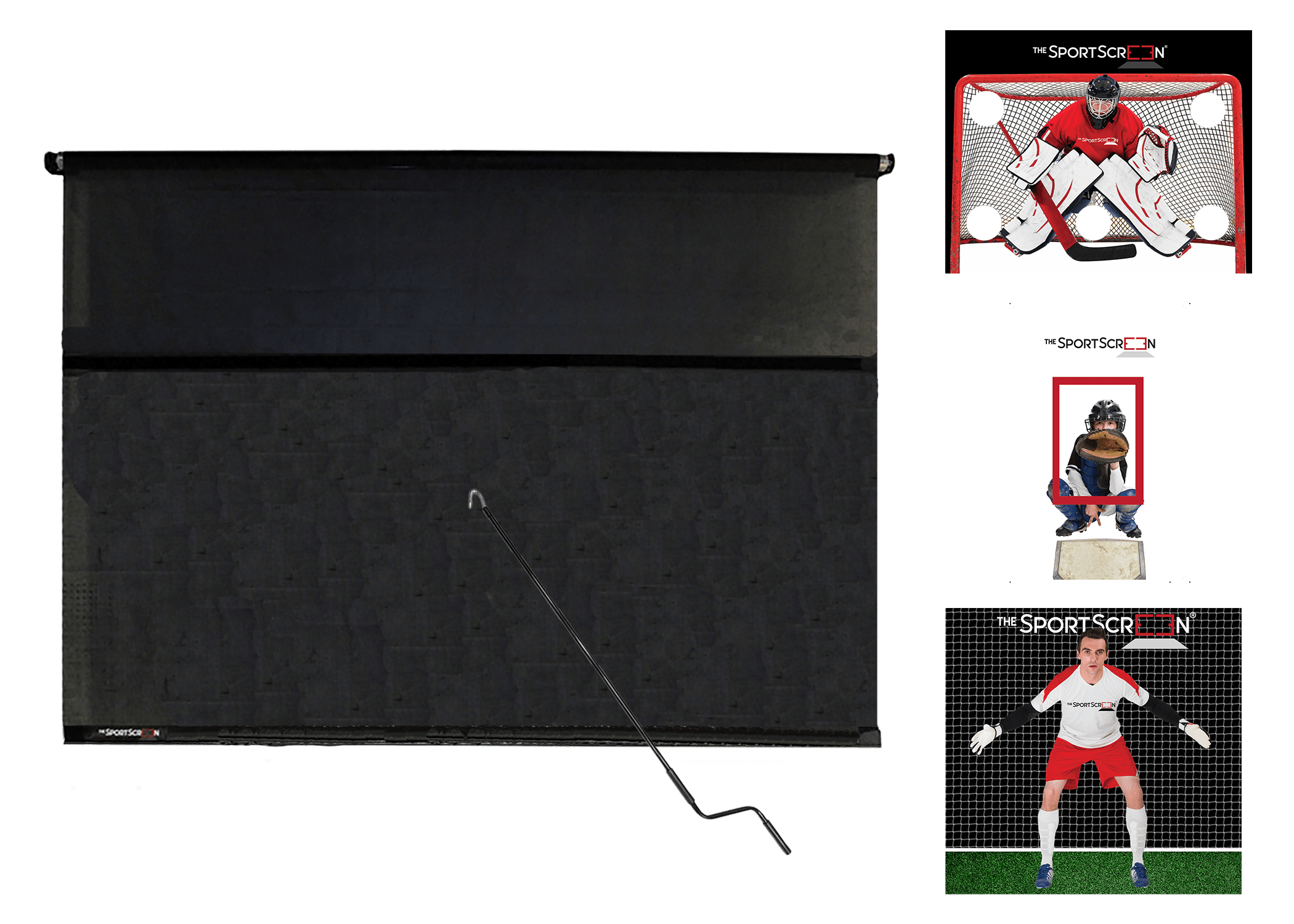 10ft MultiSport Hand Crank Bundle with Red Hockey, Soccer, and Baseball targets – a versatile roll-up system for easy target switching via velcro across multiple sports.