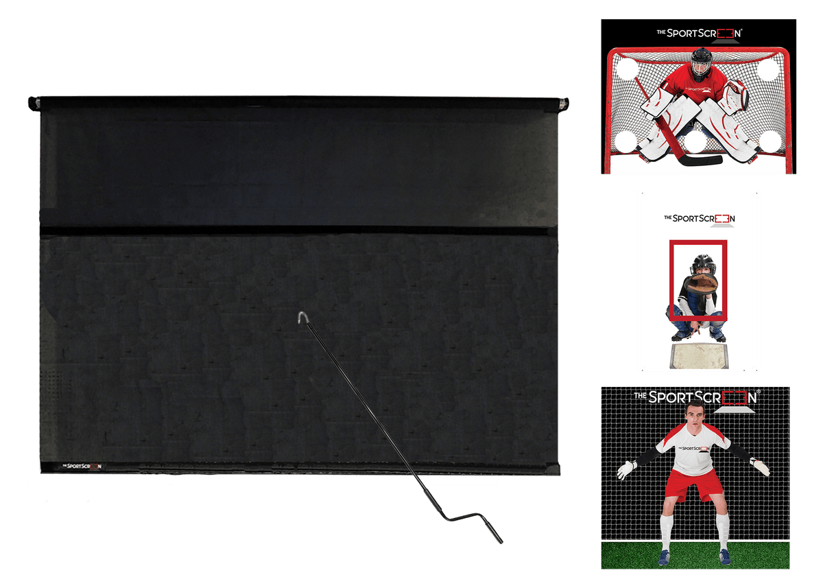 10ft Hand Crank Multi-Sport SportScreen Bundle with red hockey, baseball and soccer velcro targets