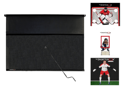 10ft Hand Crank Multi-Sport SportScreen Bundle with red hockey, baseball and soccer velcro targets