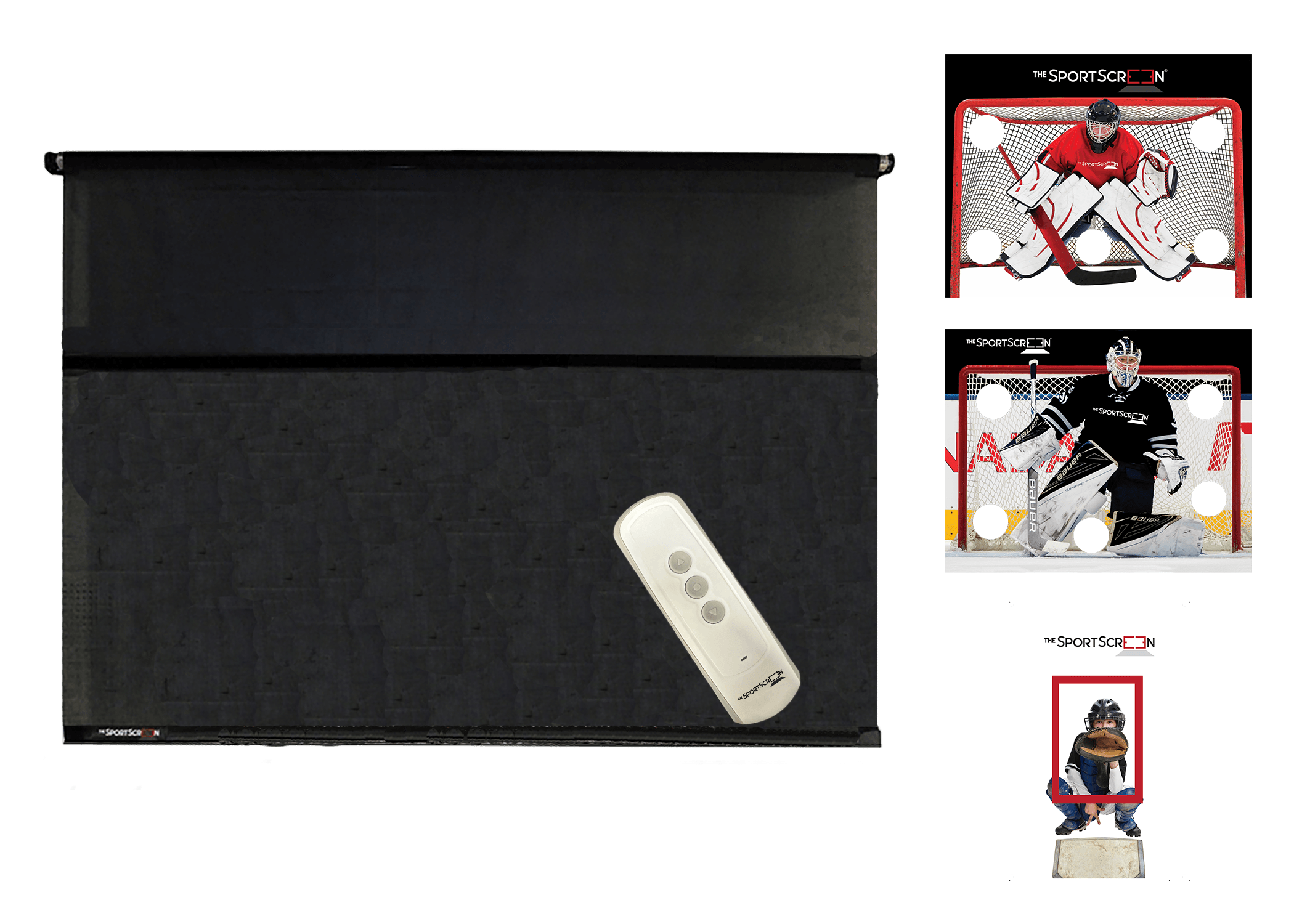 10ft MultiSport Remote Control Bundle with Red Hockey, Black Hockey, and Baseball targets – a versatile roll-up system for easy target switching via velcro across multiple sports.