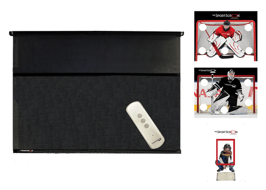 10ft MultiSport Remote Control Bundle with Red Hockey, Black Hockey, and Baseball targets a versatile roll-up system for easy target switching via velcro across multiple sports.