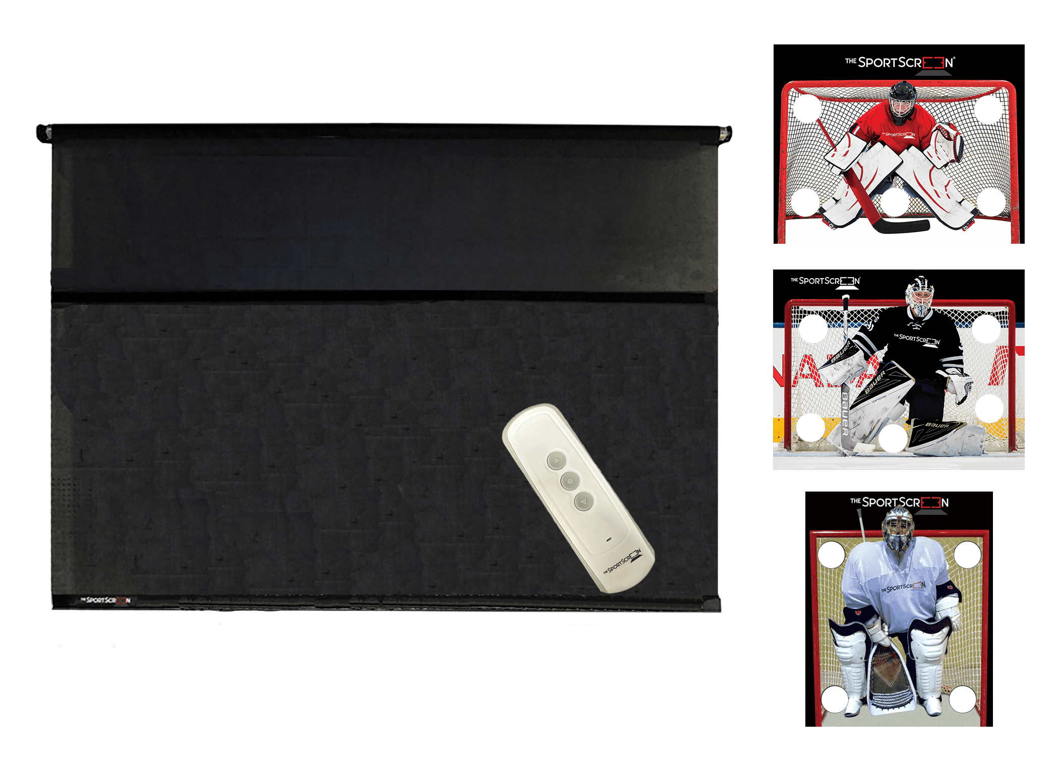 10ft MultiSport Remote Control Bundle with Red Hockey, Black Hockey, and Lacrosse targets – a versatile roll-up system for easy target switching via velcro across multiple sports.