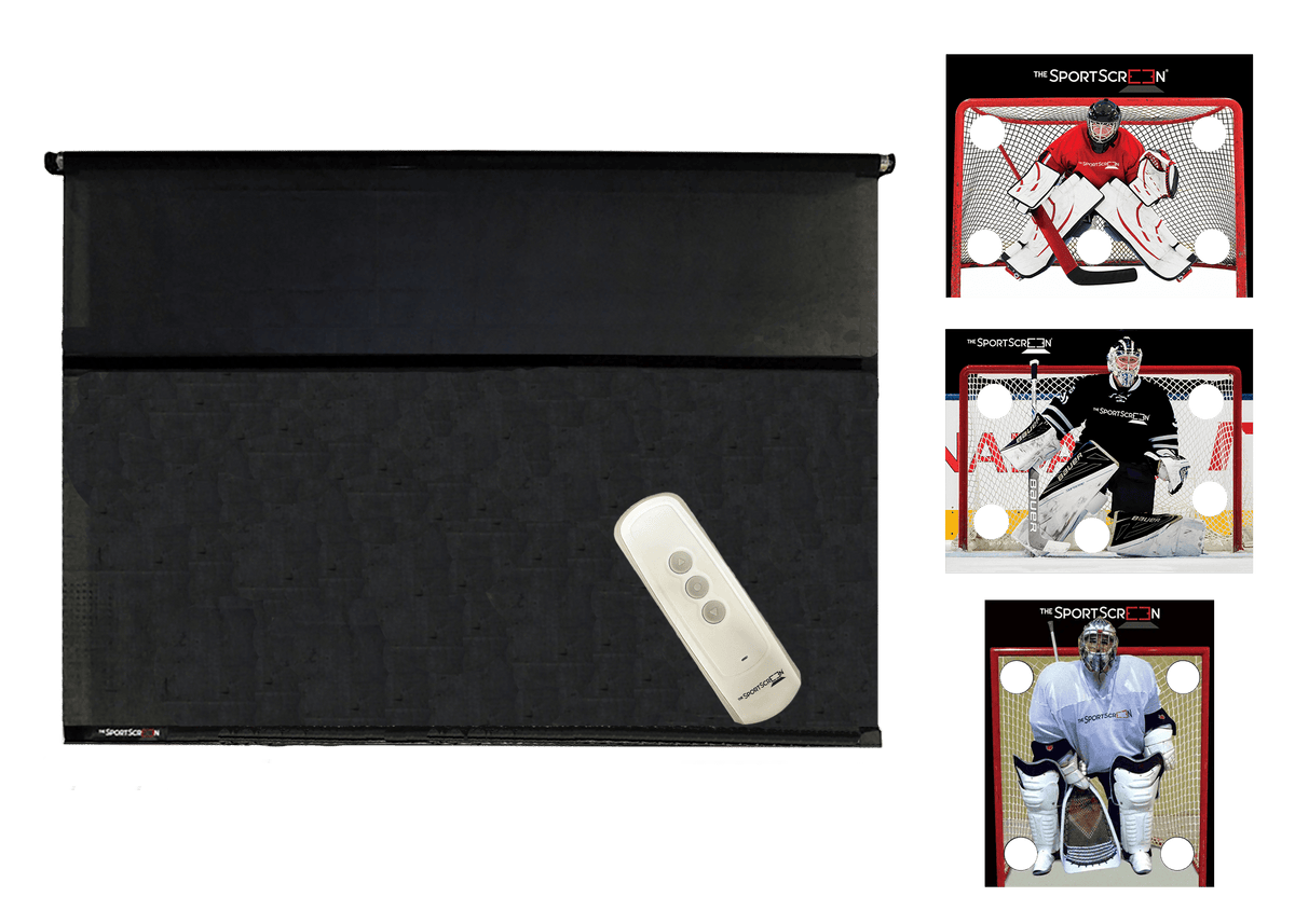 10ft Remote Control Multi-Sport SportScreen Bundle with red hockey, black hockey and lacrosse velcro targets