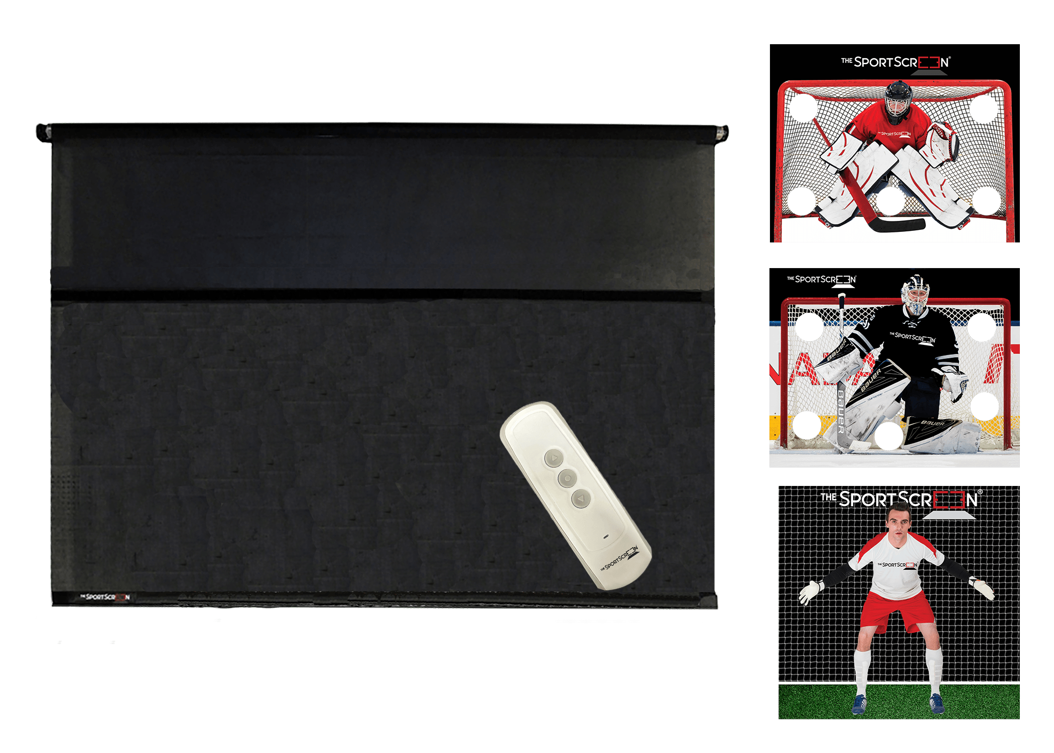 10ft MultiSport Remote Control Bundle with Red Hockey, Black Hockey, and Soccer targets – a versatile roll-up system for easy target switching via velcro across multiple sports.