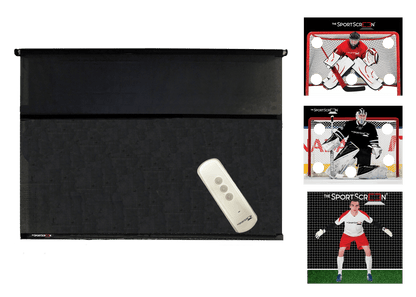 10ft Remote Control Multi-Sport SportScreen Bundle with red hockey, black hockey and soccer velcro targets