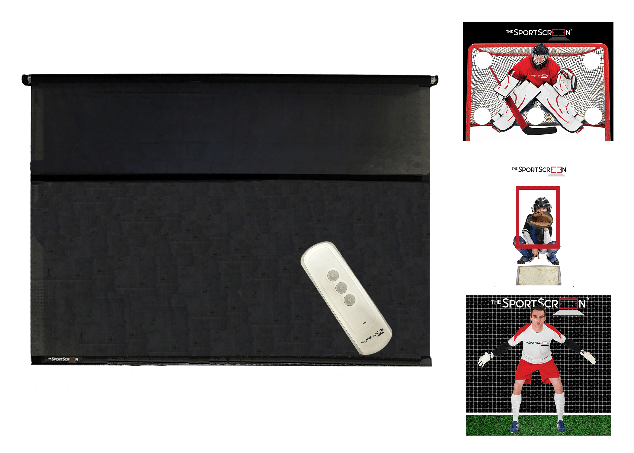10ft MultiSport Remote Control Bundle with Red Hockey, Baseball, and Soccer targets – a versatile roll-up system for easy target switching via velcro across multiple sports.