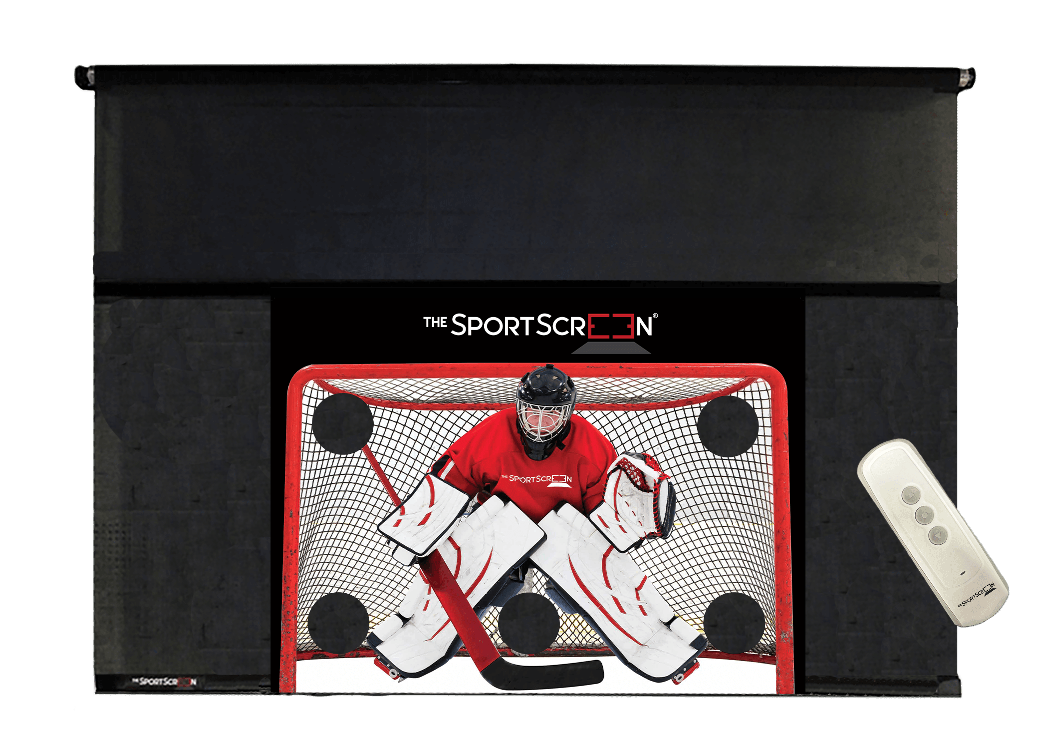 The 10ft Remote Control Hockey SportScreen – a retractable screen designed for hockey, featuring a remote control for easy operation and durable construction.